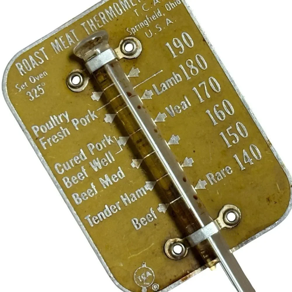 Vintage TCA Roast Meat Thermometer Springfield Ohio USA Yellow Aluminum & Glass